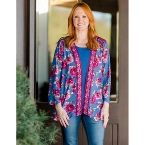 The Pioneer Woman Shark Bite Duster Rose & Blue Floral Top Kimono‎ L/XL